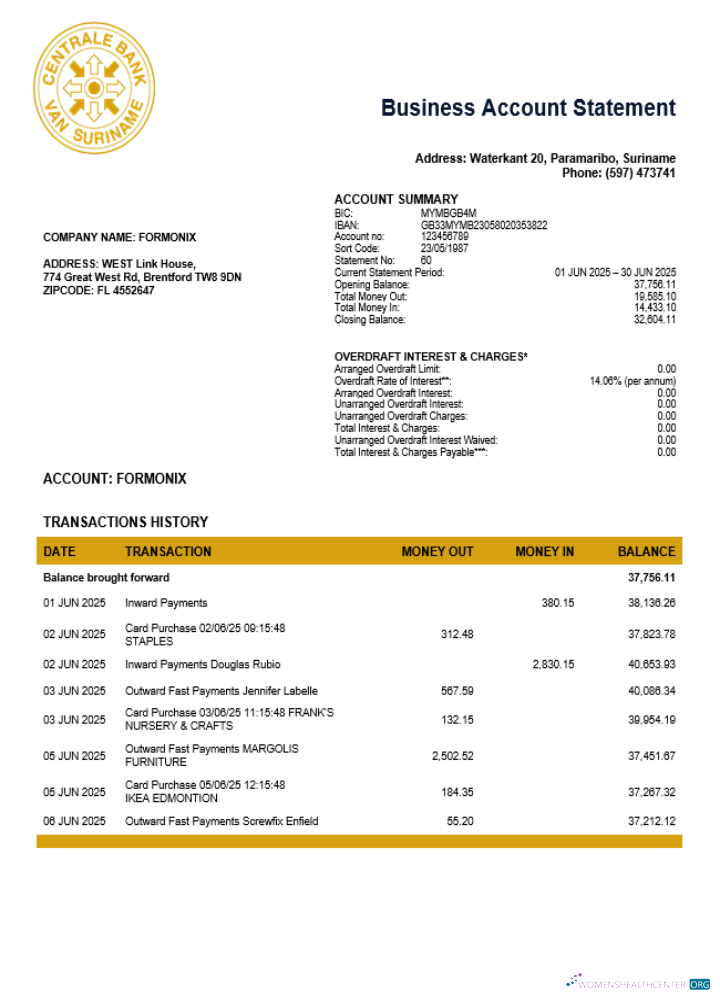Suriname Centrale Bank Van Suriname business account statement Word and PDF template